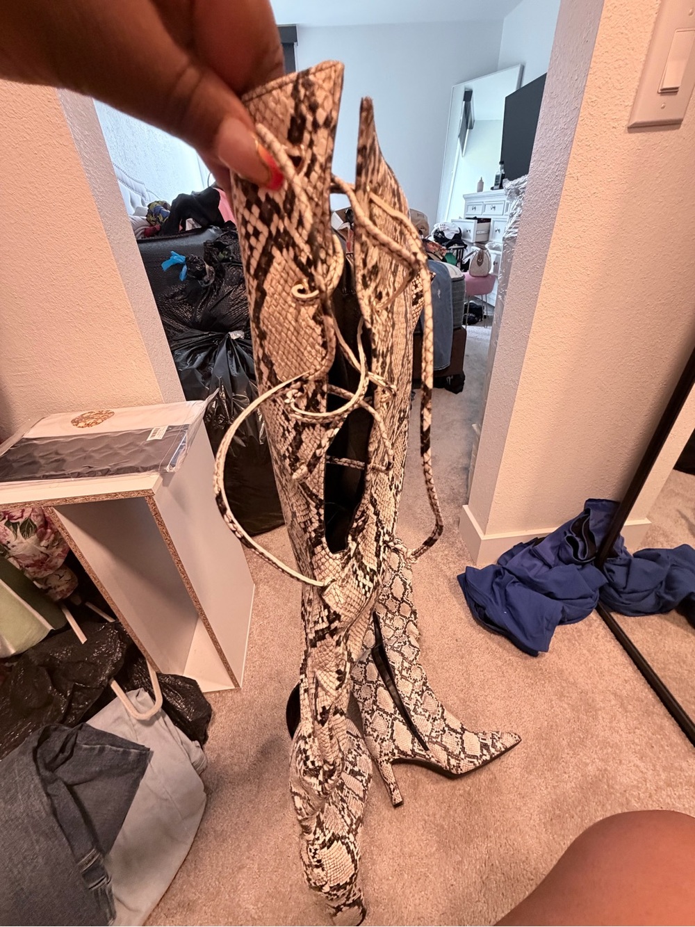Fashion to Figure Snake Print Lace-Up Thigh-High Heeled Boots - Black & White